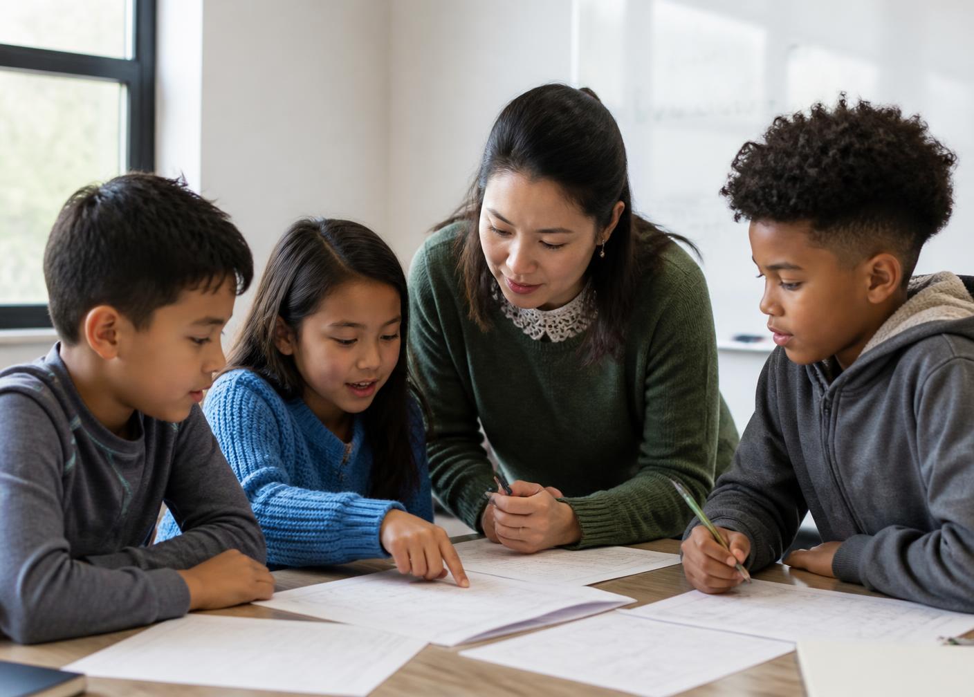 Educator working through math with a small group of children after school in Oakville