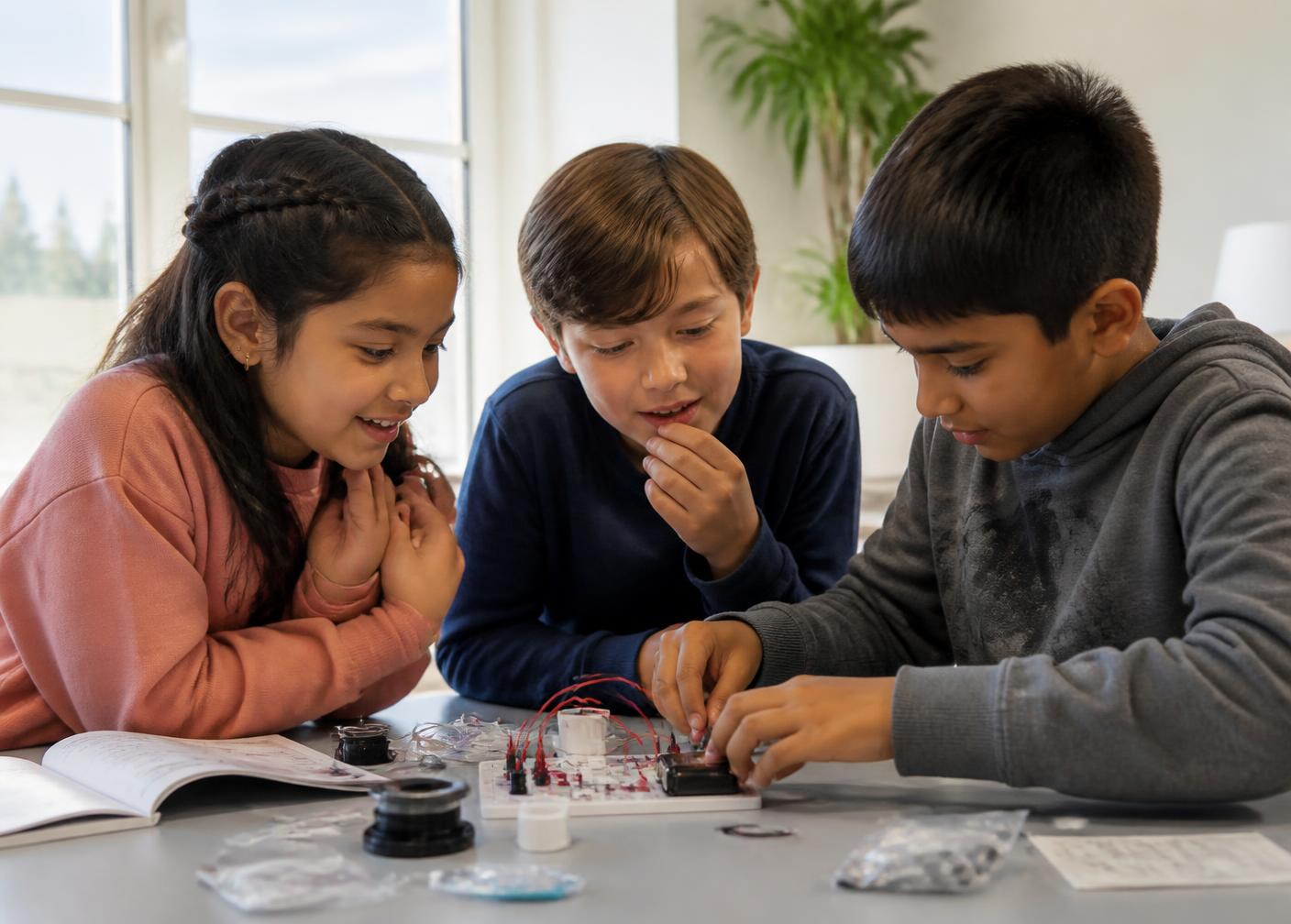 Children exploring a hands-on electronics and science activity after school