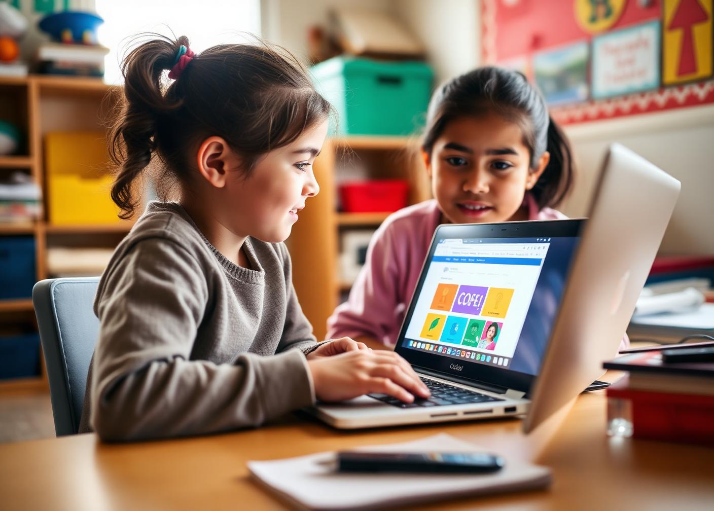 Two children designing a simple web page together on a laptop after school