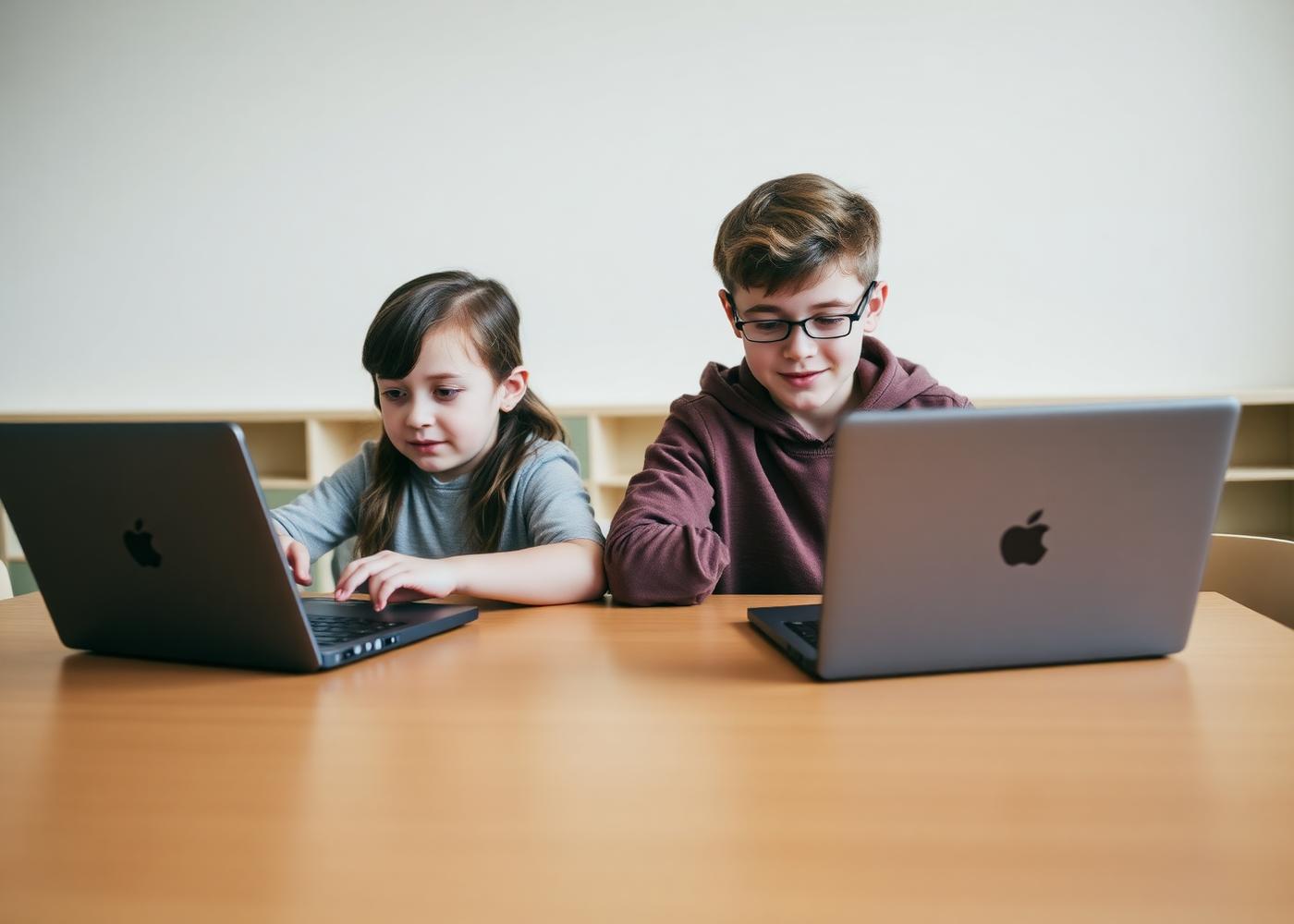 Children programming apps on laptops