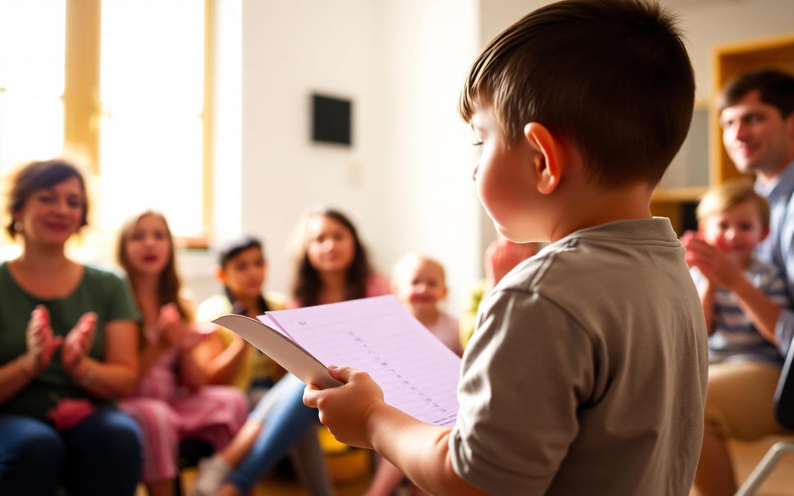 Child presenting a leadership project to parents