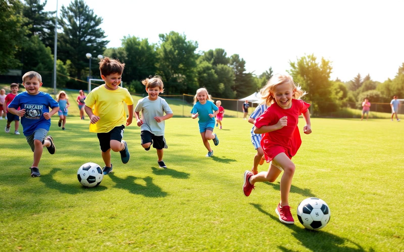 Children playing soccer and relay races at summer camp
