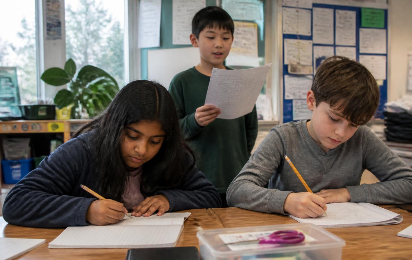 Campers preparing a speech in a writing circle