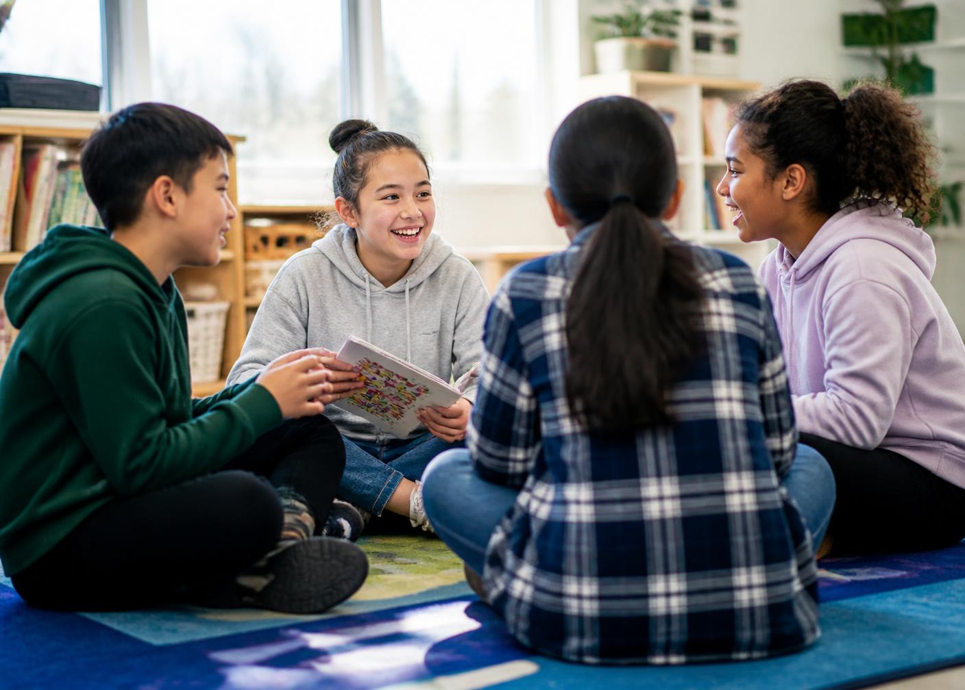 Children in a small group discussing a story together