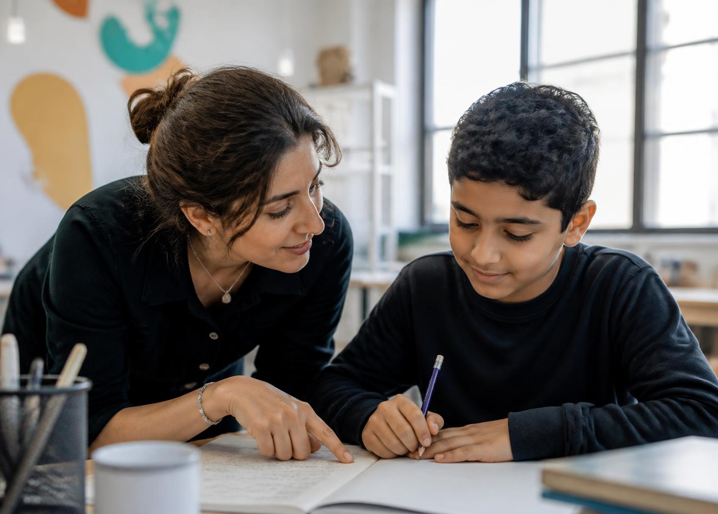 Educator helping a young student edit his handwritten story