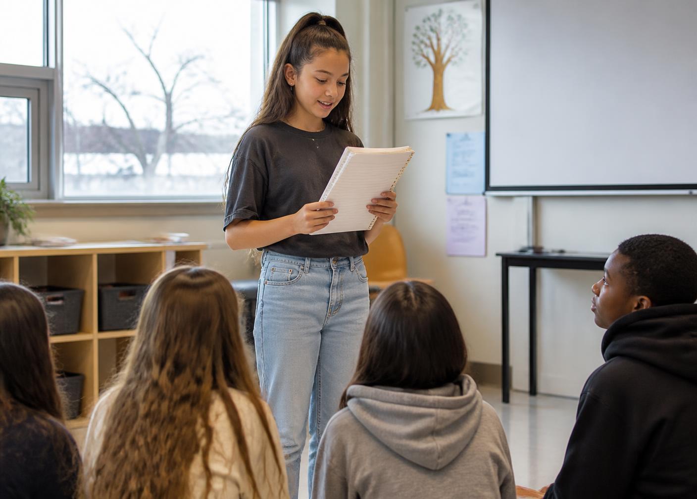 A student reading her short story aloud to classmates