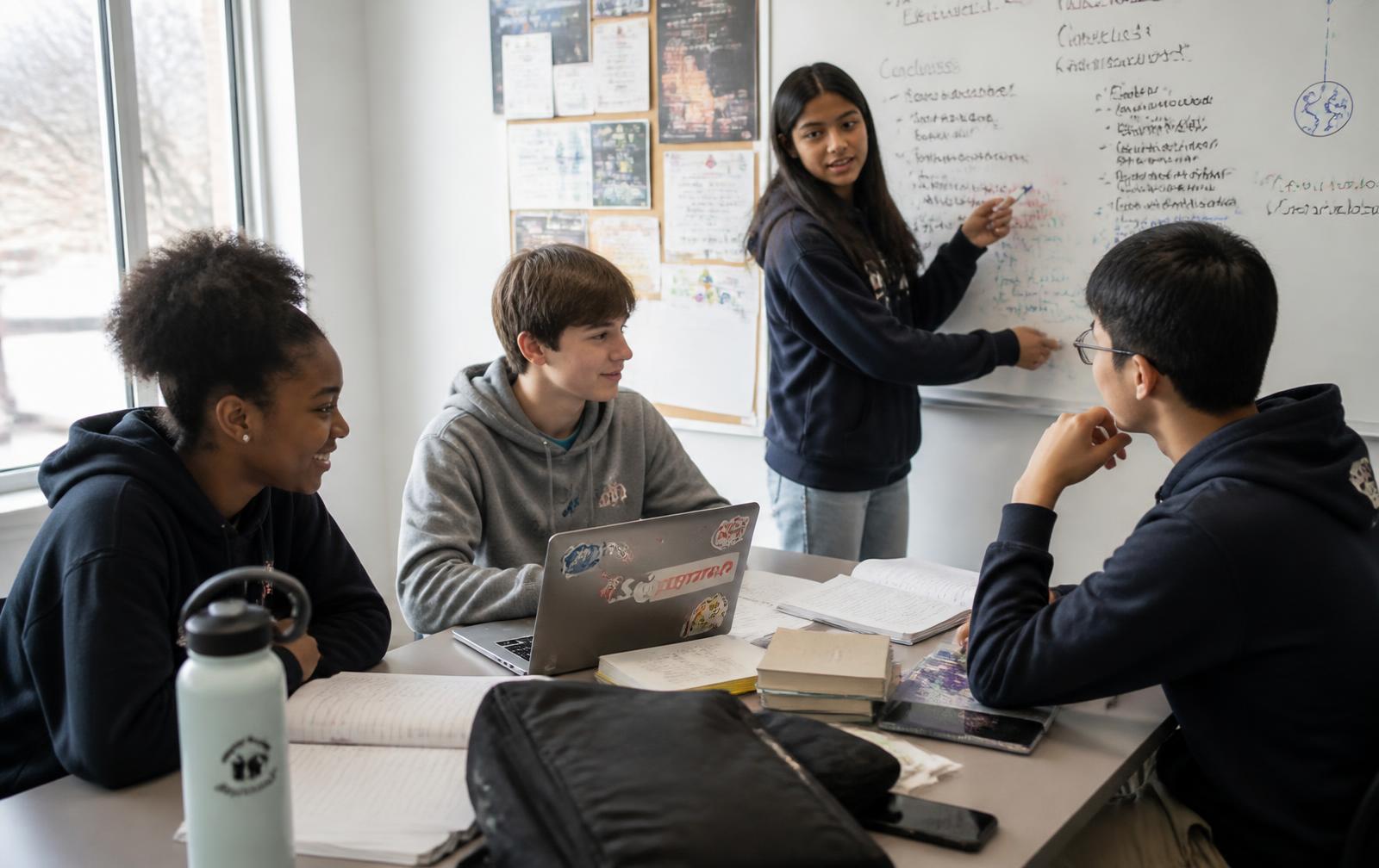 Small group of high school students studying together